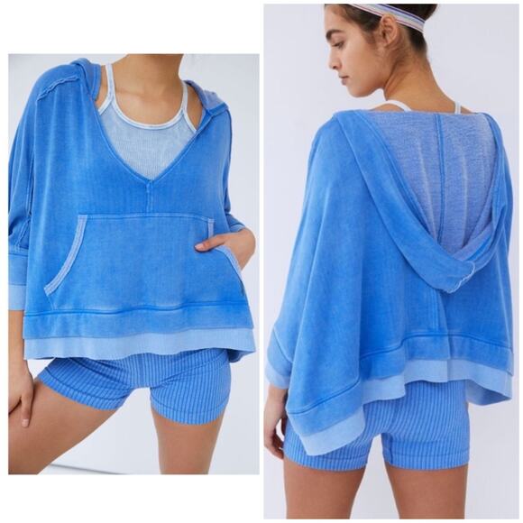 FP Movement Blue XS Layered Hem Hoodie  V-Neck Oversized Cropped Sweatshirt0 - Picture 1 of 10